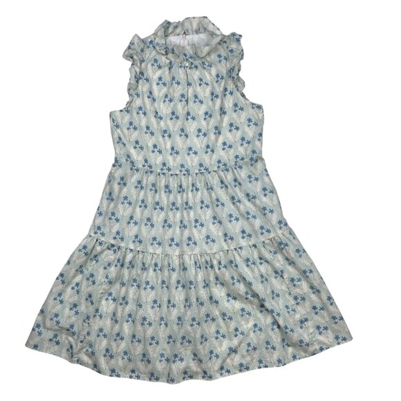 Sara Campbell Ruffle Dress 8 Blue Floral Mini Tiered Sleeveless Pockets Coastal - Picture 12 of 12